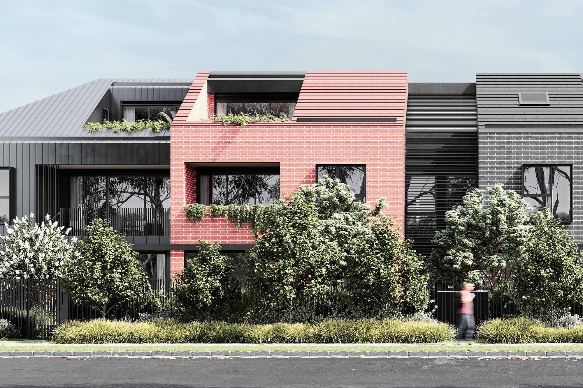 Exterior render visualising the red and charcoal brick amongst the trees in the middle of the day