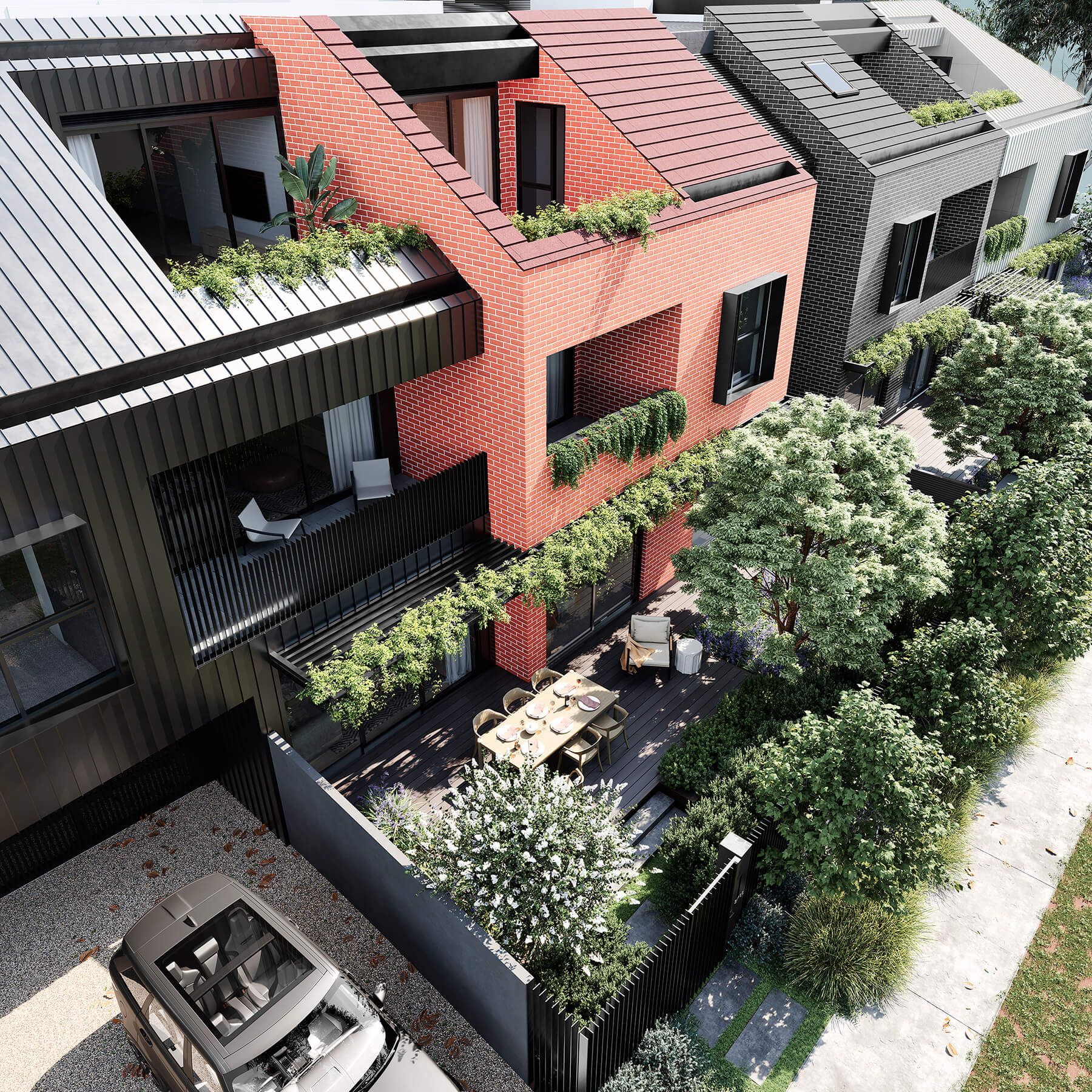 Overhead view of entertaining area of townhouse